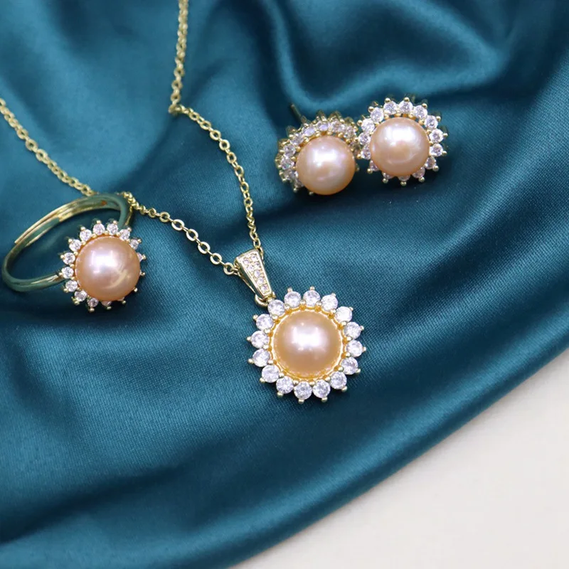 one set freshwater pearl white 8-9mm pendant /earrings/Ring gray/pink/black/yellow/purple