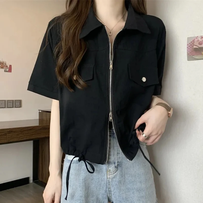 Sweet Zipper Women Shirt Korean New Lace Up Pockets Short Sleeve Female Crop Shirt Summer Fashion Preppy All Match Ladies Blouse