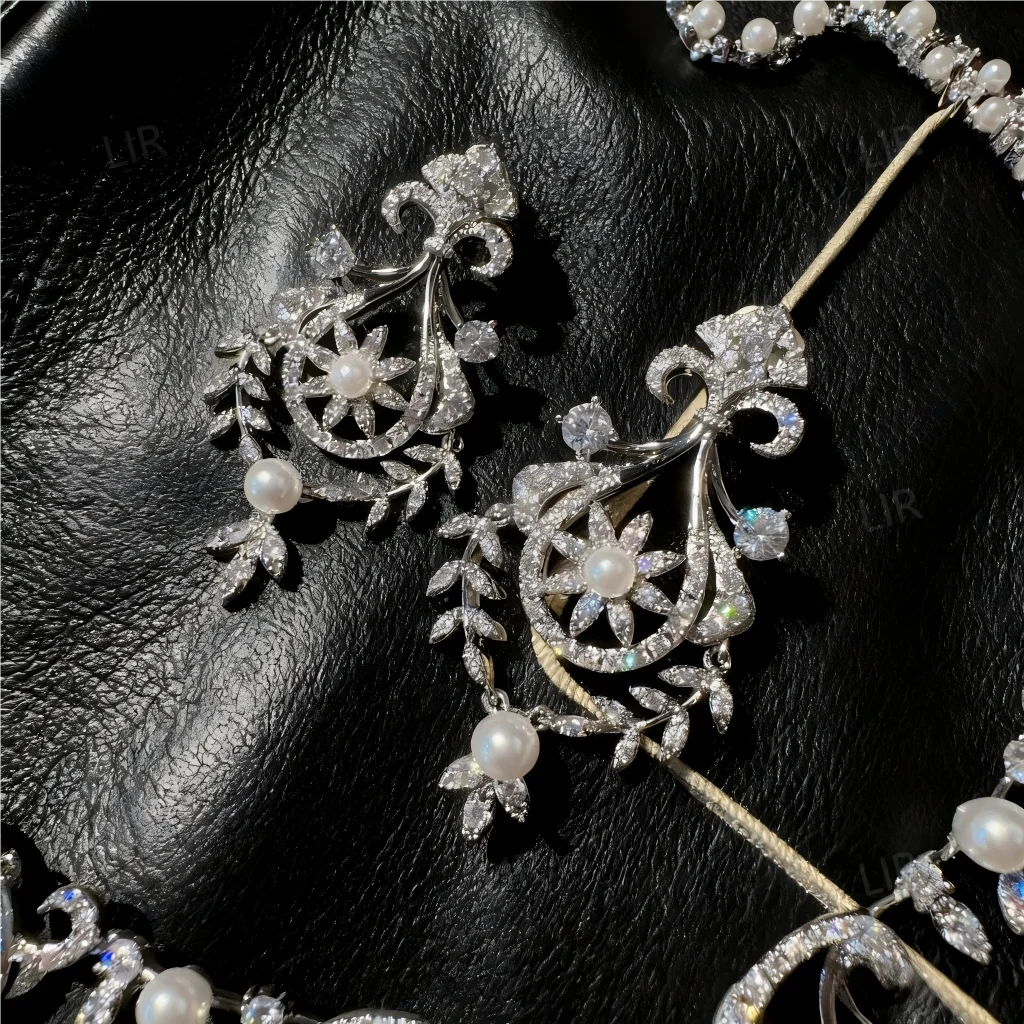 مجموعة مجوهرات LIR المخصصة للنساء: قلادة جوهرة تاج المحكمة النمساوية، أقراط لؤلؤ الزركون منحوتة بشكل سباركلي على شكل أذن القمح