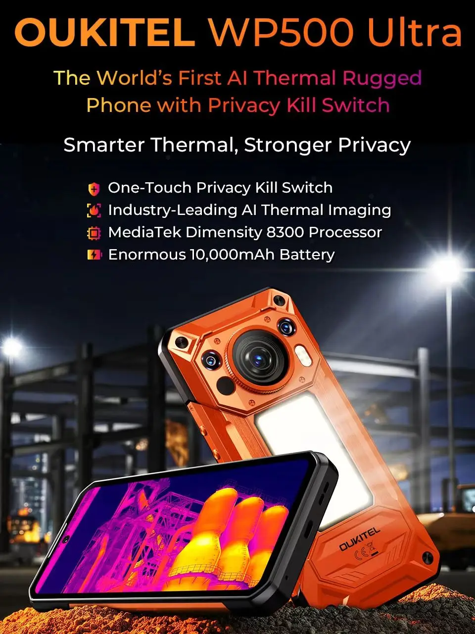 OUKITEL WP500 Ultra Das weltweit erste KI-gesteuerte, robuste Thermosmartphone mit Datenschutz-Kill-Switch, 6,78'' FHD+, MTK Dimensity 8300, 36GB (12+24) RAM + 1TB, 10000mAh, 45W, 108MP, ultrahelles