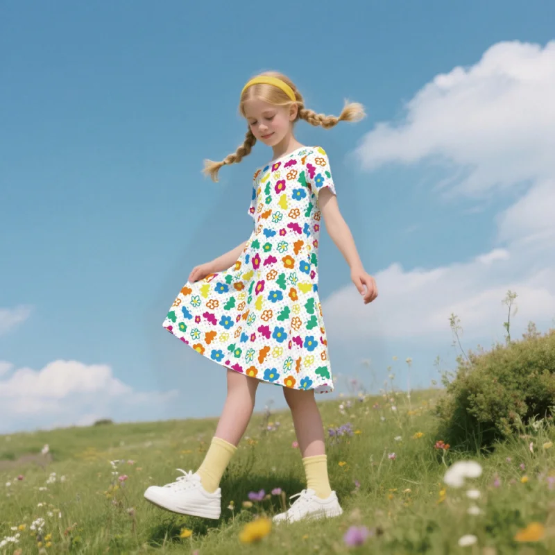 Girls 2025 Summer Short Sleeve Dress - Colorful Floral Print Casual, Children's Cute Bohemian Daily & Camping Wear