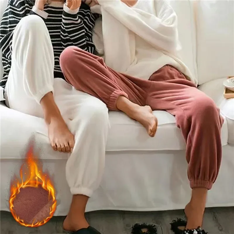 Women Winter Sleep Bottom Full Length Pajama Pants Flannel Casual Soft Warm Daily Homewear Plus Velvet Couple Pants Loose New