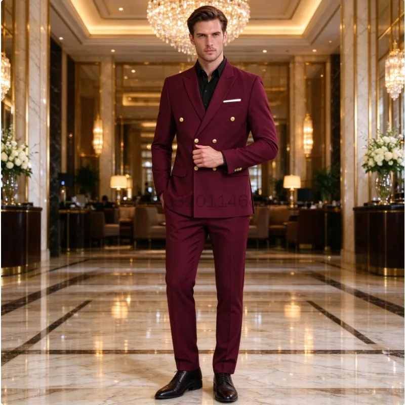 Men's Formal Suit, Wine Gold Buckle Suit, Evening Performance Costume, Host Singer's Annual Meeting Costume