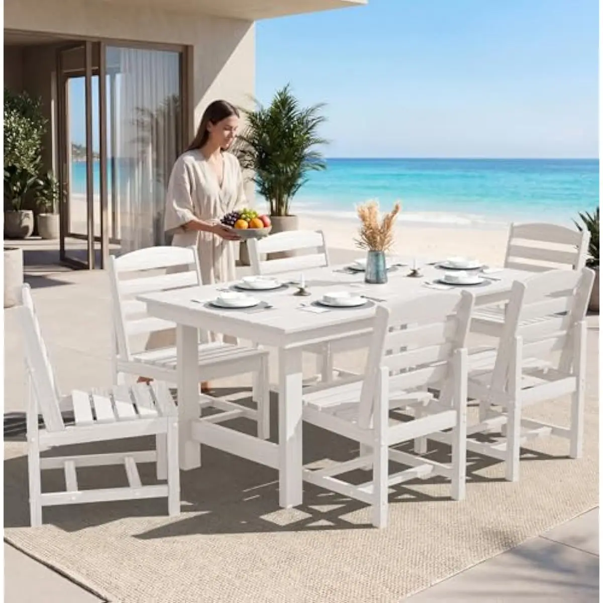 Two armless outdoor dining chairs made of weatherproof HDPE material, compact 24.6 x 19.3 x 33.6 inches per unit, stackable desi