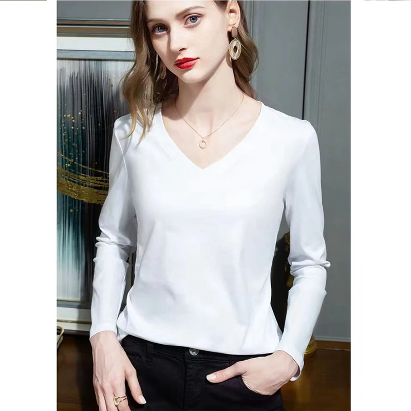 Spring/Summer 100% Mercerized Cotton V-Neck T-Shirt Women's Long Sleeve Loose Plus Size Solid Color Bottoming Shirt