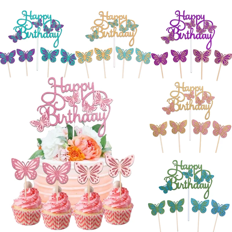 

1set Butterfly Cake Topper Girl Birthday Party Dessert DIY Decoration Shiny Paper Butterfly Baby Christening Wedding Party Decor