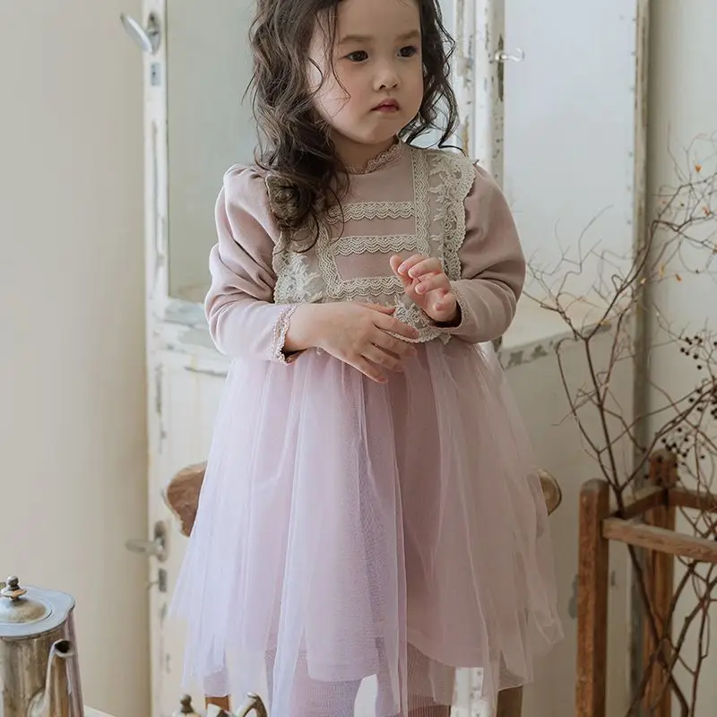 

2025 Winter Korean Girl Treasure Birthday Party Lace Mesh Girl Princess DressAutumn Winter Girls Dress Birthday Party Baby Long