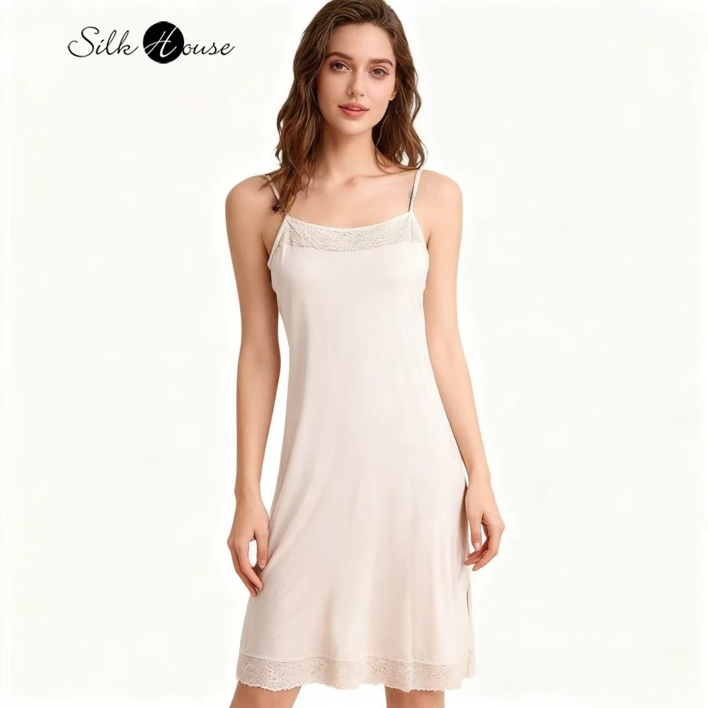 Female Sexy Lace Clothing 23% Natural Mulberry Silk Knitted Suspender Bottomed Skirt Bottomed Lined Women's Casual Nightdress