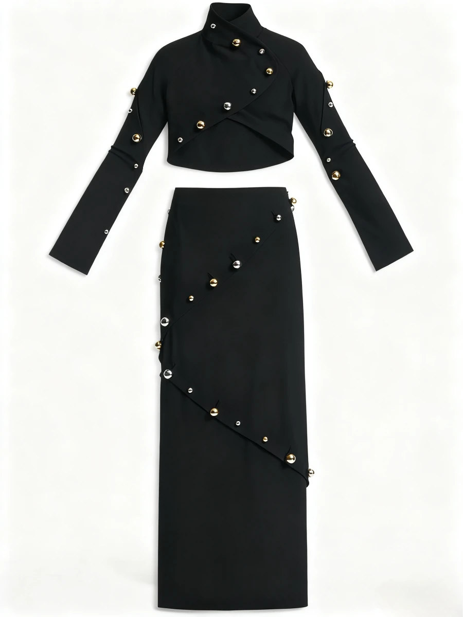 Spliced Beading Two Piece Set for Women Stand Collar Long Sleeve Irregular Slim Top High Waist Stright Skirt Suit Female  Newest