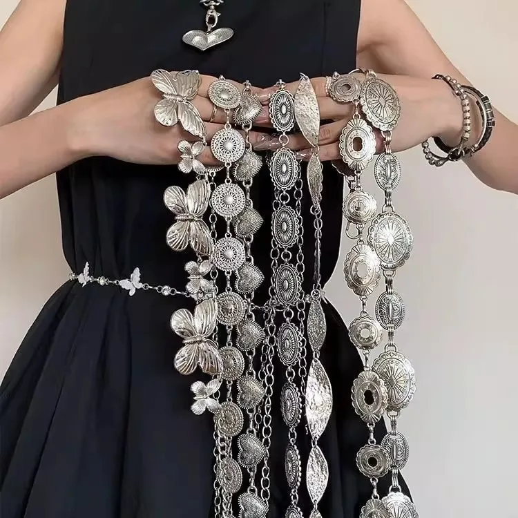 Bohemian retro silver metal butterfly waist chain women's niche high-end belt accessories ethnic style skirt