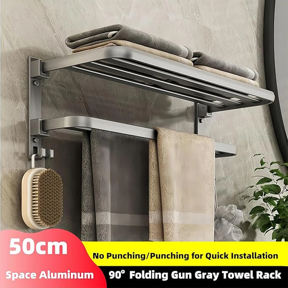 Bathroom Towel Rack with Towel Tod and Hook, 20 Inch Foldable Towel Holder, Wall Mounted Toilet Towel Bar, Modern Gray Finish