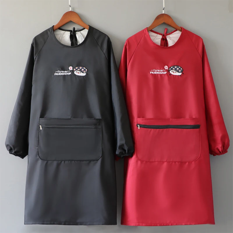 Waterproof Apron Adult Female Fashion Oil-proof Coverall Home Kitchen Cute Japanese Long-sleeved Overalls Apron