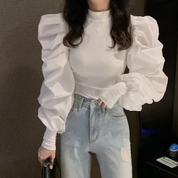 Elegant Office Lady 2024 New Korean Knitted Spliced Bubble Long Sleeves Show Slim Fashion Design Sense Solid Color Bottom Top