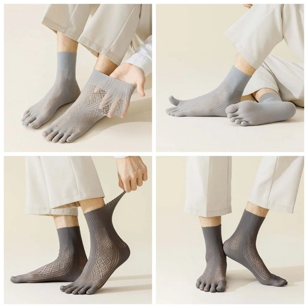 

5Pairs Mesh Thin Five Finger Socks Men Check Anti-Odor Male Five Toe Socks Elastic Business Stockings Mid-calf Stockings