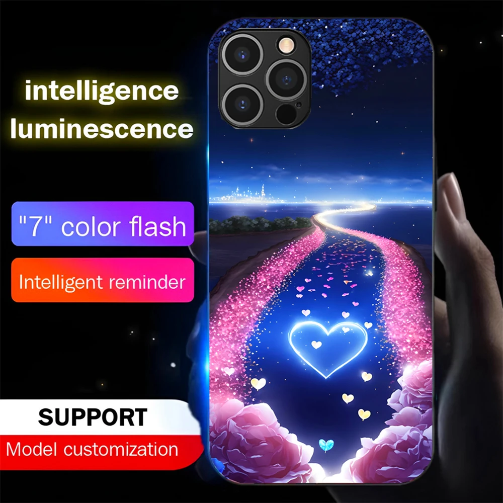 

Rose Heart Beach Luminous Glass LED Call Light Up Flash Phone Case Cover For iPhone 16 15 14 13 12 11 Pro Max X XS XR 7 8 SE2020