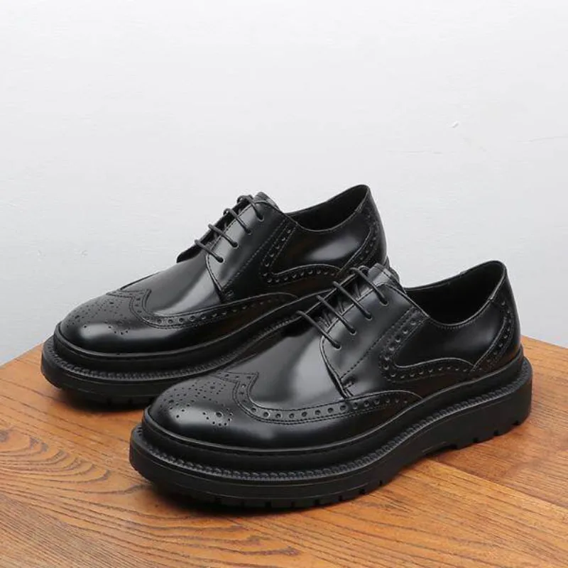 Genuine Leather Brogue Carved Derby Shoes for Men Round Toe Versatile Casual Leather Shoes Trendy Wedding Groom Footwear
