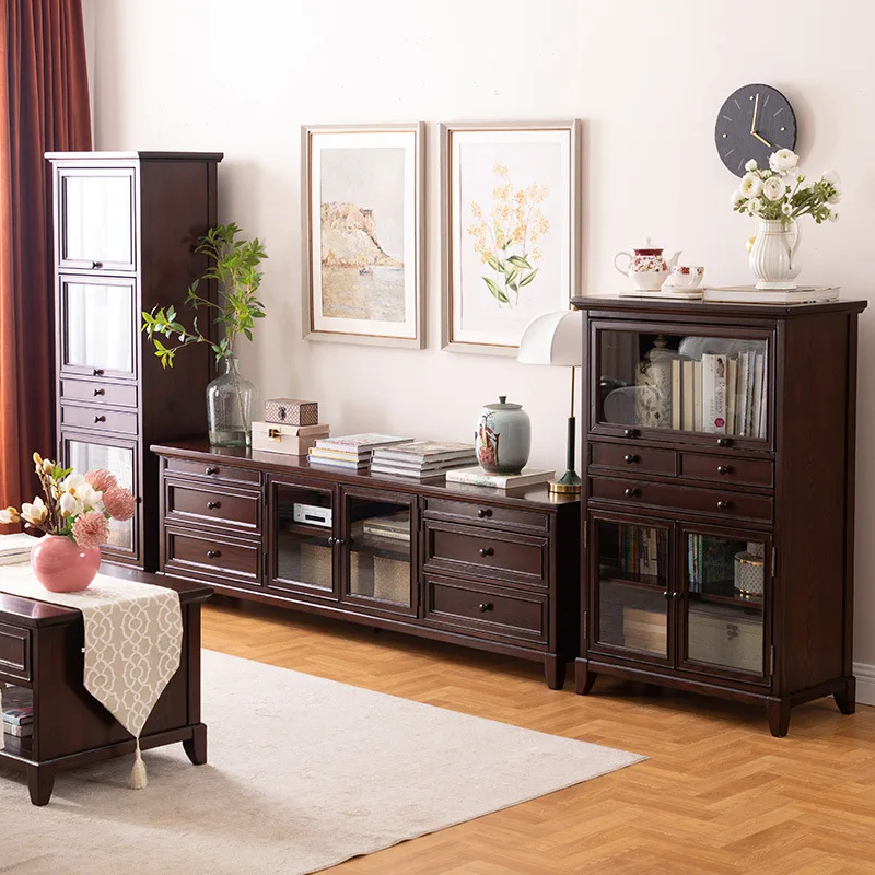 All solid wood simple and beautiful retro TV cabinet coffee table combination walnut color storage floor cabinet  wood cabinet