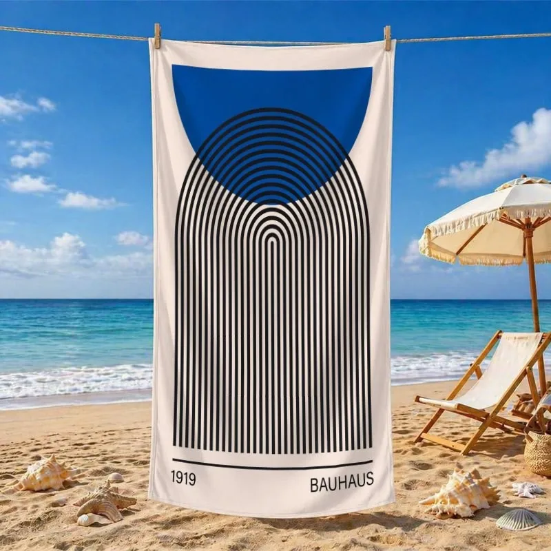 Bauhaus Geometric Line Style Off White Blue Arch Concentric Line Bauhaus 1919 Art Print Quick Dry Beach Towel