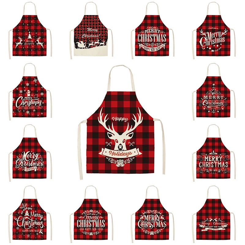 Christmas decoration apron Merry  red plaid printed  kitchen anti-fouling and oil-proof cotton  linen