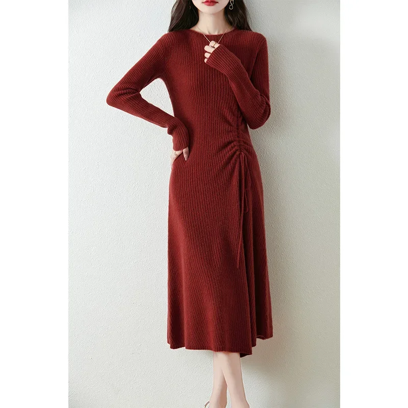 2024 Women's Fashion Autumn/Winter New 100% Wool Medium To Long Solid Color Waist Tight Fit Knee Knitted Woolen Dress