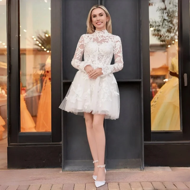 Short White A-Line Illusion Neck Long Sleeves Lace Wedding Dresses Vintage High Neck Lace Short Bridal Dress