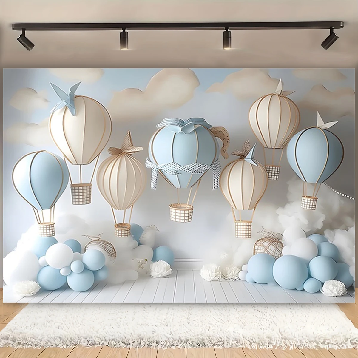 استحمام الطفل تيدي بير منطاد الهواء الساخن خلفية عيد الميلاد الأول بنين بنات 1st حفلة عيد ميلاد ديكور خلفية كابينة تصوير الدعائم