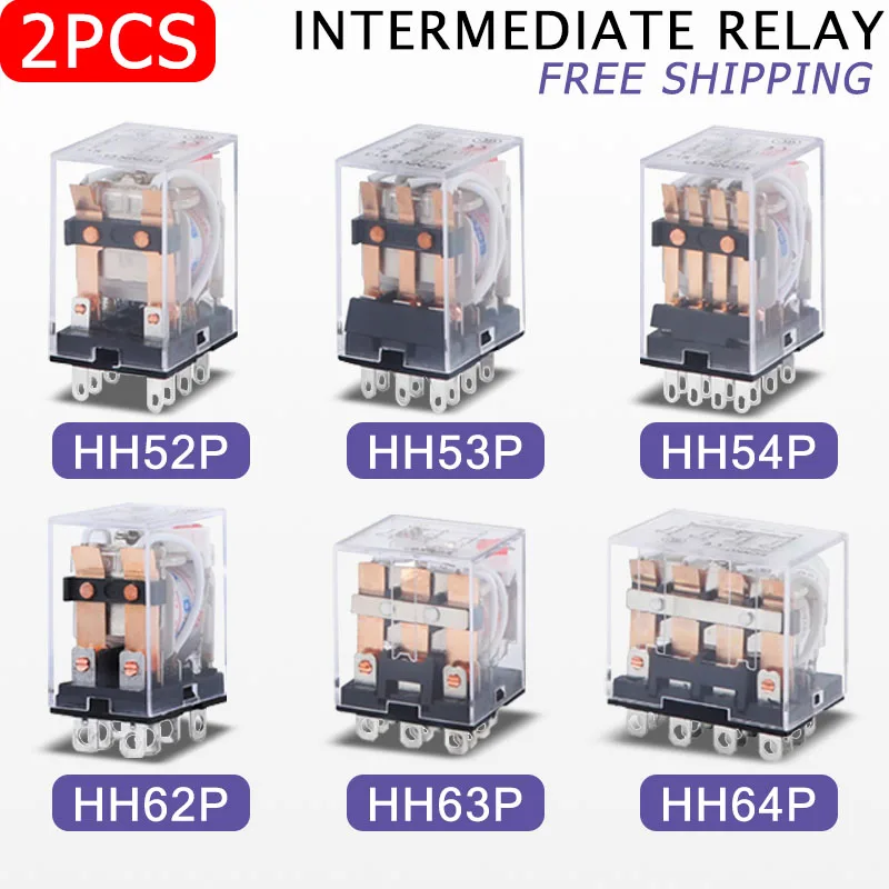 2PCS Miniature Coil General Electromagnetic Intermediate Relay Switch HH52P 53P 54P 62P 63P LED 12/24VDC 110/220VAC
