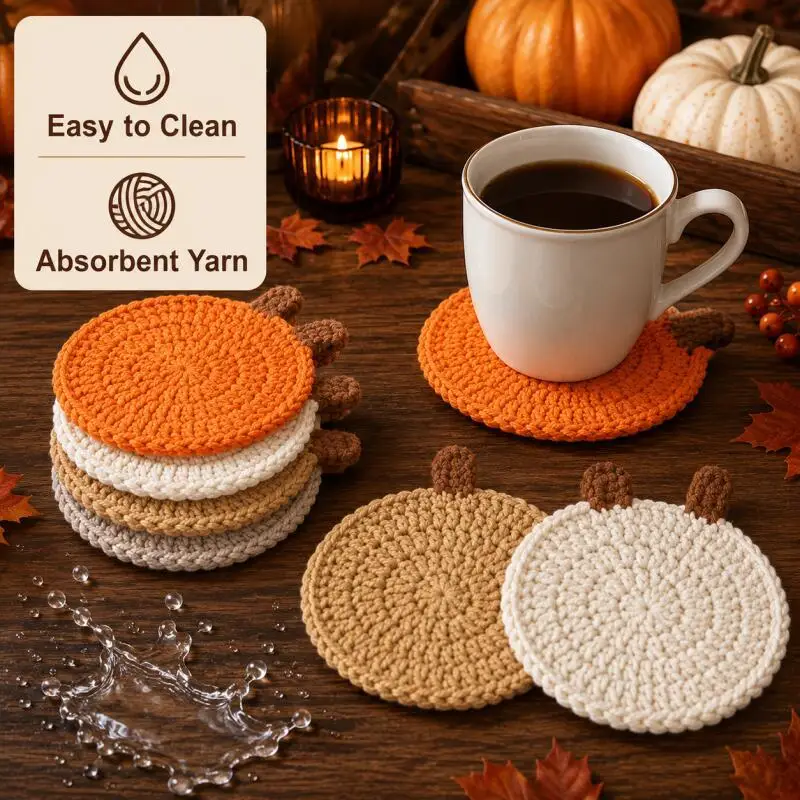4PCS Crochet Pumpkin Coasters, Halloween Fall Table Decor Knit Cup Mats for Coffee Mugs