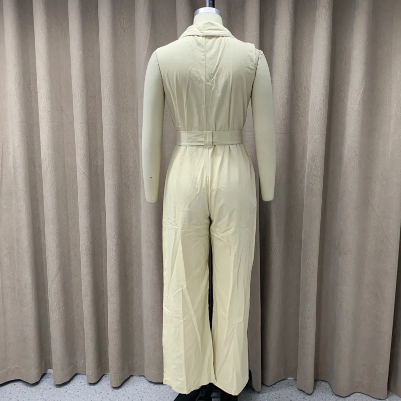 Jumpsuit pakaian jalanan wanita, Jumpsuit mode musim gugur leher Polo tanpa lengan leher V warna polos pinggang berenda celana panjang kaki lebar