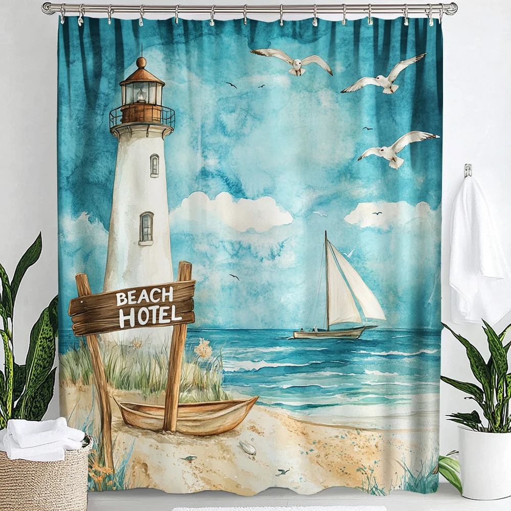 Blue Ocean Beach Seaside Lighthouse Style Shower Curtain, Bathroom Decorative Shower Curtain, Home Curtain with Hooks