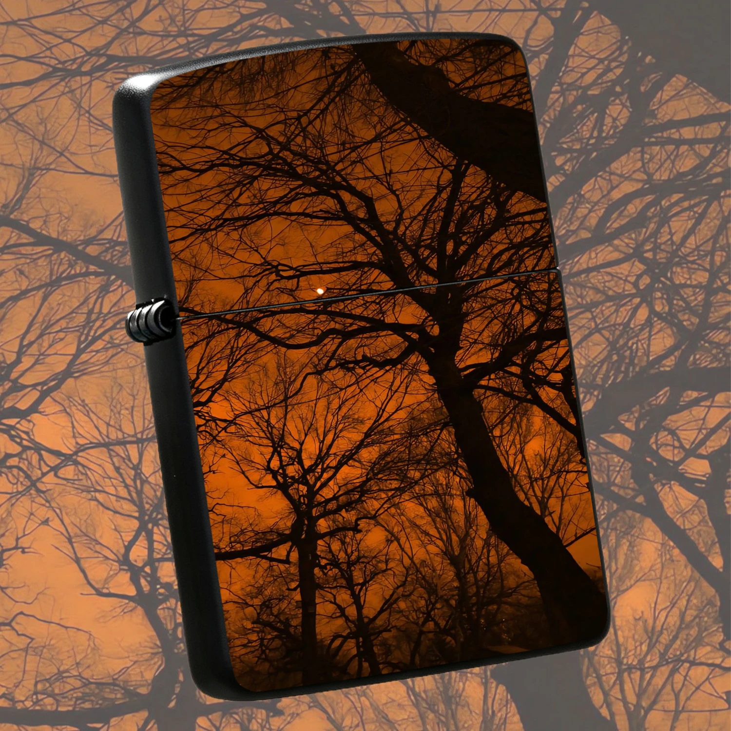 Creative Orange Night Tree Shadow Portable Lighter, Artistic Bare Silhouette Personal Carry Ignition Tool, Retro Night Scene Pattern Practical Ignition Goods, Full Scenario Adaptation Quality Ignition Gadget For Daily Travel Outdoor Dating,