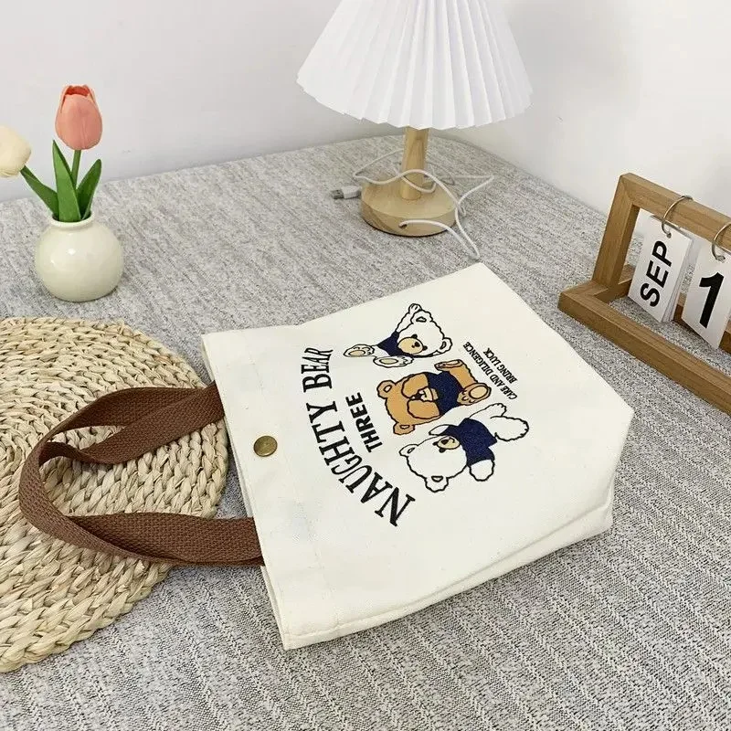 Cute Bear Canvas Mini Handheld Tote Bag Women Portable Lunch Bag Small Student School Handbag Ideal Gift Bag image 2