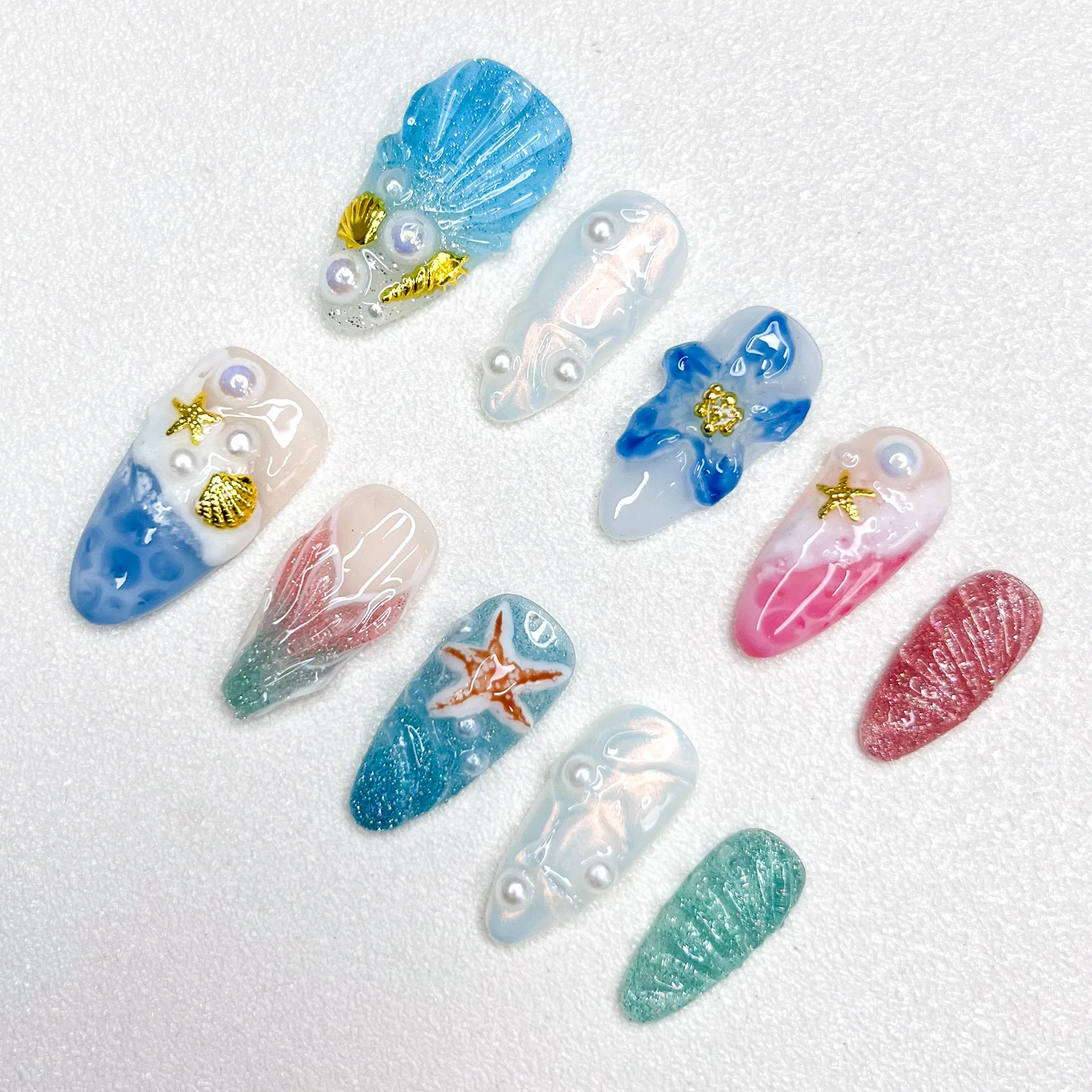 ニューオーシャンシリーズネイルアートヒトデシェルインレイシリーズオシドリシリーズネイルアートアーモンド長フェイクネイル3Dレリーフ