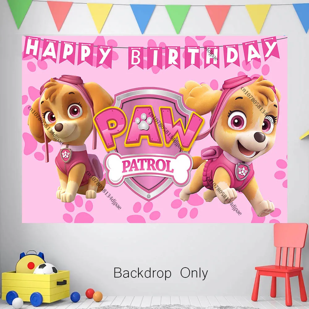 Aangepaste Achtergrond Skye Everest Paw Patrol Party Achtergrond Voor Meisje 1e Verjaardag Roze Puppy Hond Foto Banner Decor Leverancier