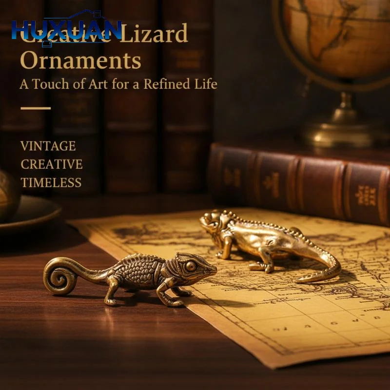 mall Antique Brass Tone Lizard Statue, Retro Animal Figurine, Tea Pet, Desk Shelf Home Decor Accessory