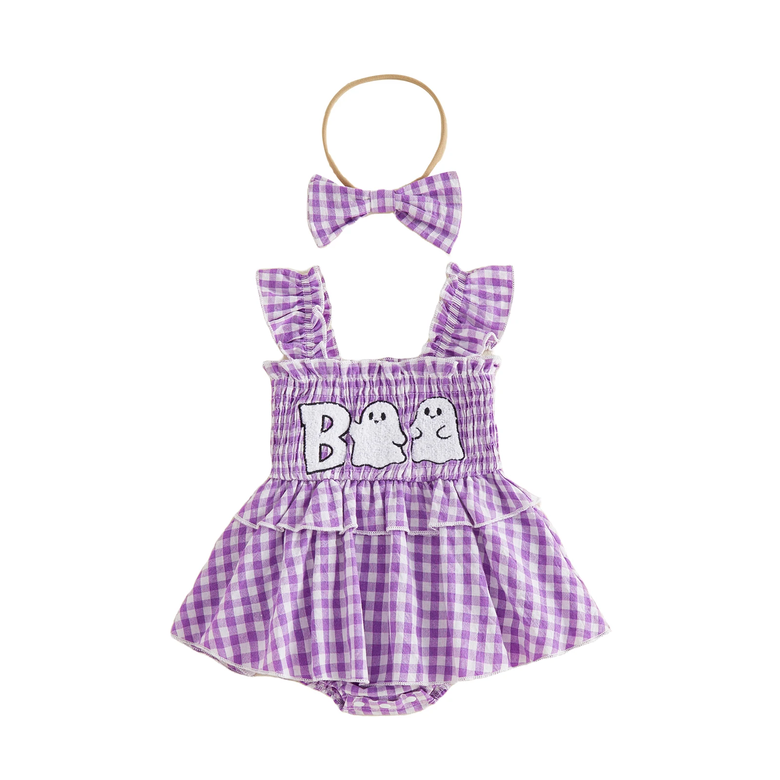 Baby Girls Plaid Romper Dress Casual Halloween Embroidery Fly Sleeves Jumpsuit and Cute Headband Set