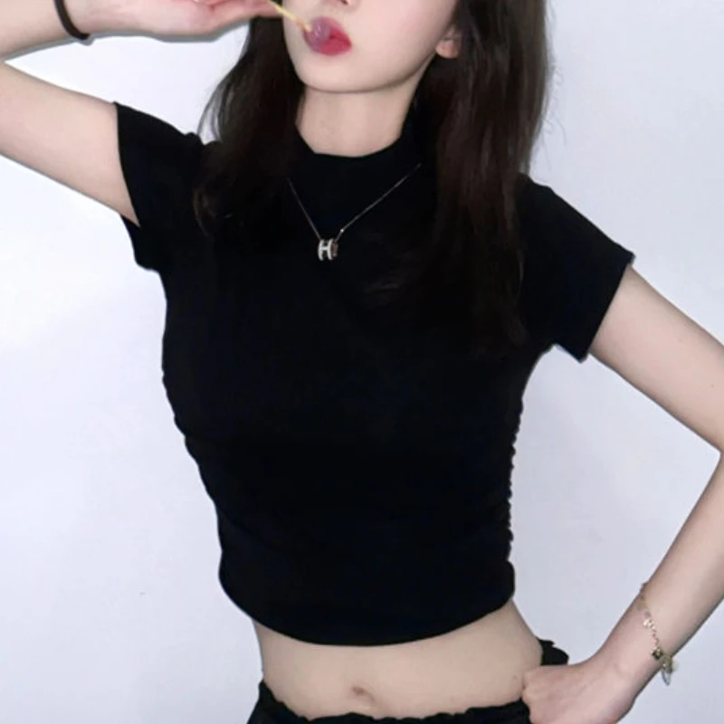 Short-sleeve T-shirts Women Clothing Crop Tops Sexy Stand Aesthetic Summer Slim Vintage Girl Tender Elegant Minority Daily Basic