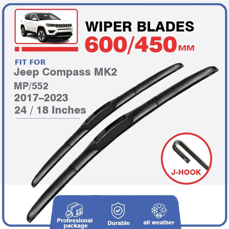 Front Rear Windscreen Wiper Blades For Jeep Compass 2017-2023 MK2 2nd Gen Brushes Car Accessories Cutter U Type J Hook 2021 Auto