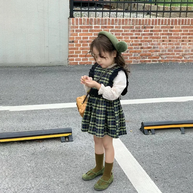 

2023 Kids Girls Autumn Spring Clothes Set Plaid Elastic Waist Skirts Suit Sleeveless Ruffles Drawstring Vest Bottoming Shirt