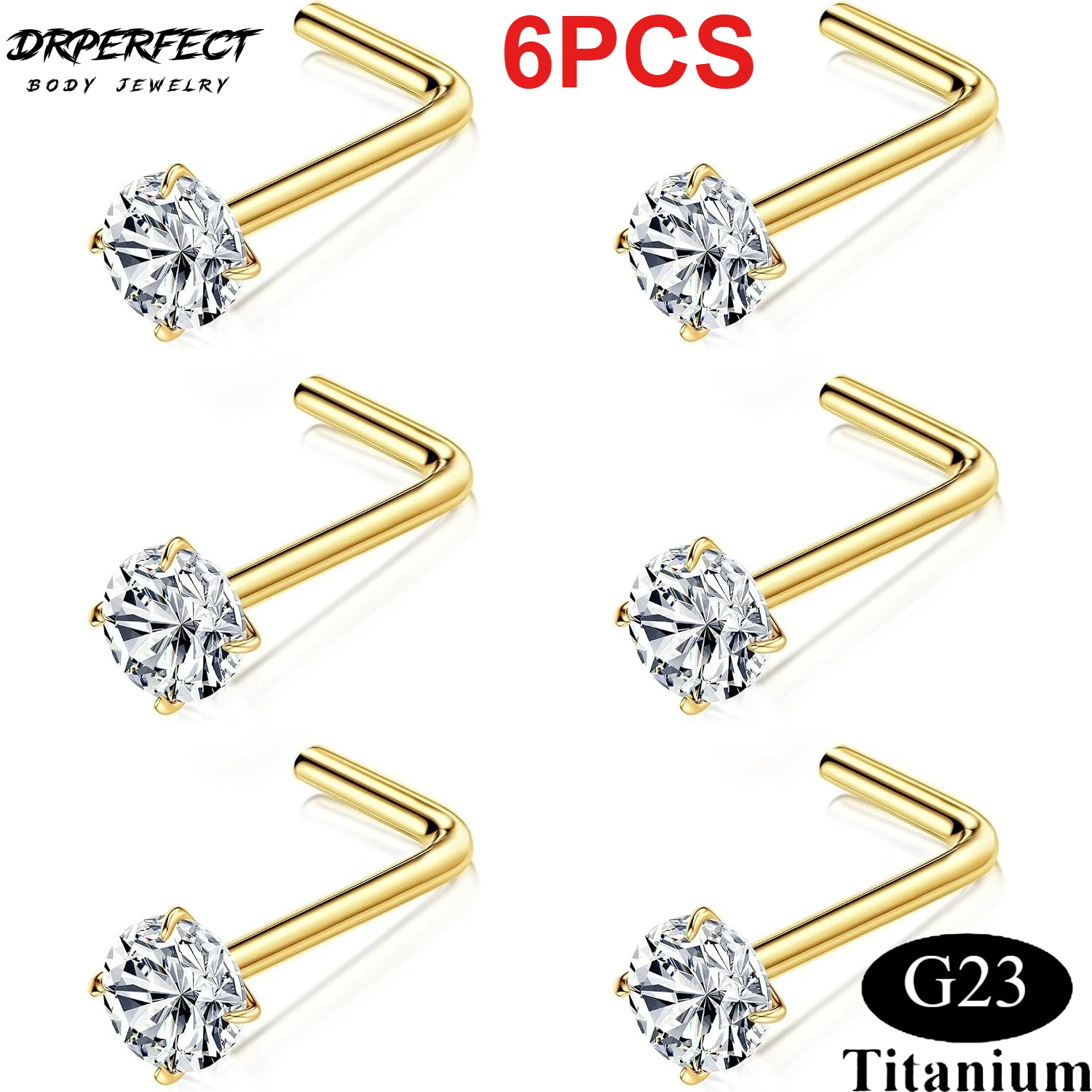 Body Jewelry Gold Plated - ดร.เพอร์เฟค ชุดจิวเจาะจมูกไทเทเนียม G23 6 ชิ้น รูปตัว