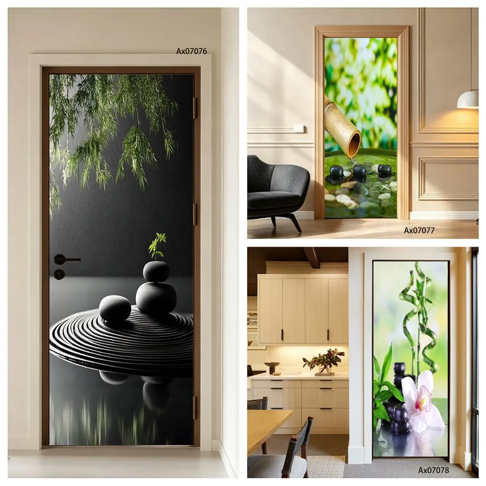 Bamboo Stone Waterscape Door Sticker, Self-Adhesive Art Mural Self-adhesive Kitchen Refrigerator Door Wrap Stickers