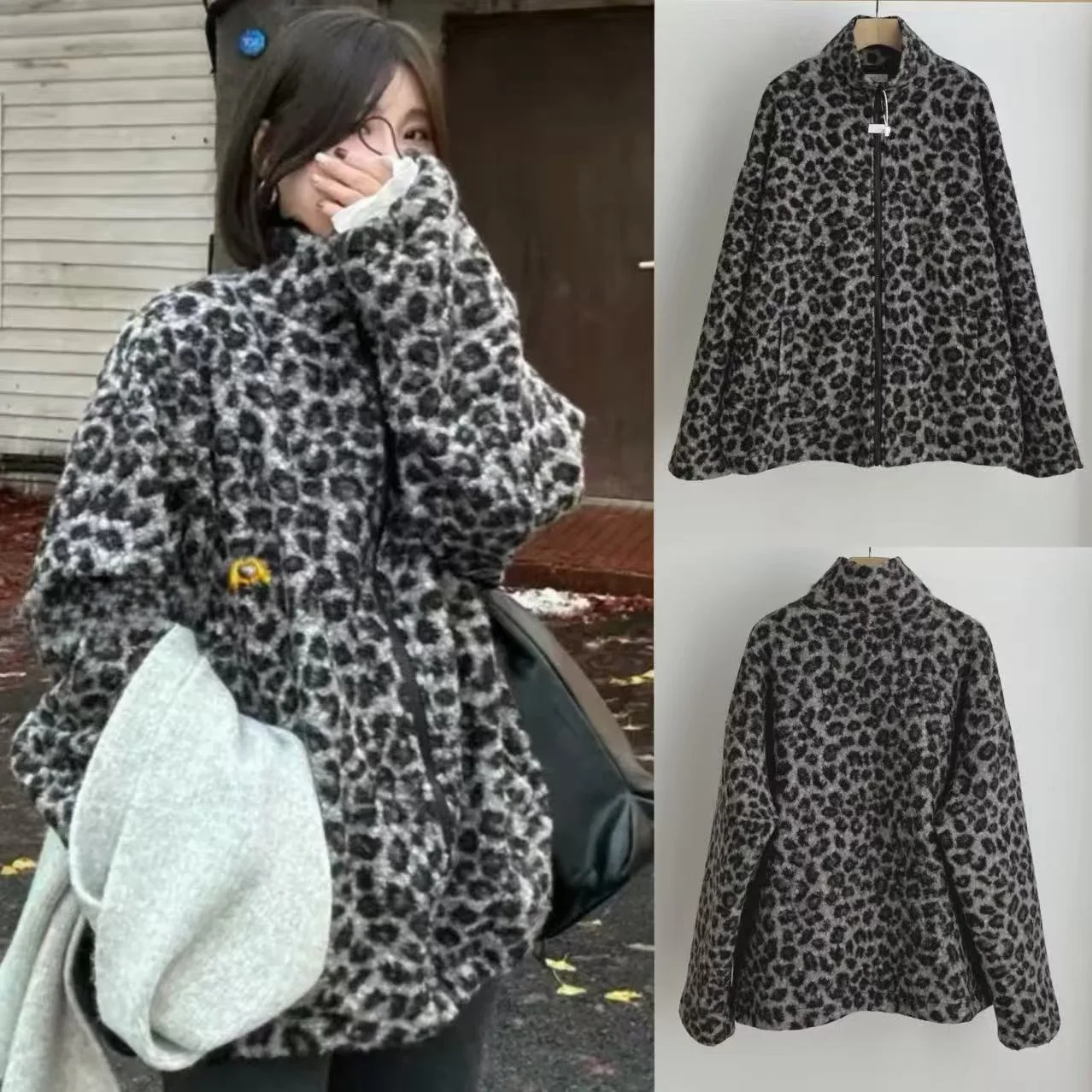 

Ретро модный леопардовый принт воротник-стойка теплая молния Dstring повседневное Plu Jaet женское корейское пальто свободного покроя