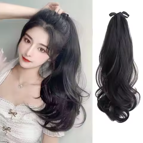 여성용 합성 드로스트링 스트레이트 포니테일 블랙 브라운 포니테일 확장 랩 포니테일 헤어 익스텐션 클립 주변
