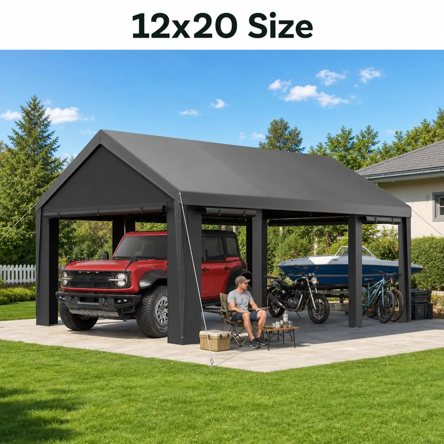 Car Shelter for SUV, Truck, Boat & ATV, Removable Sidewalls & Roll-Up Door, All-Steel Galvanized Frame, Waterproof Sun Cover