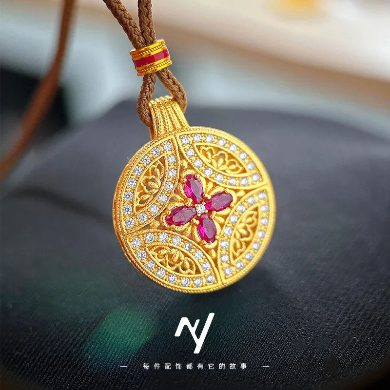 Zylax Jewelry Luxury 24K 9999 Pure Gold real gold Women's Point Diamond Four-leaf Flower Money Compasses Pendant Necklace