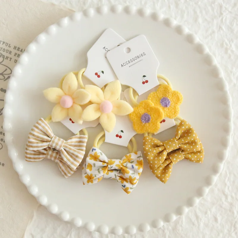 

Cute Kids Bow Hair Ties Brown Plaid Floral Polka Dot Elastic Bands Ins Style Girls Hair Accessory for Daily Ponytail Gift