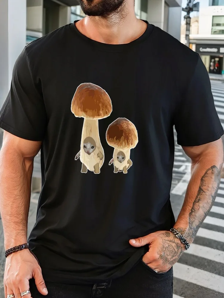 Lovely Cartoon Mushroom Sloth Mens Tee Wild Forest Fungi Graphic Crew Neck Short Sleeve Soft Loose Summer Male Casual Daily Top