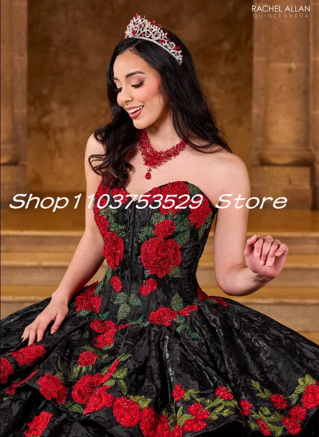 Black Red Charro Mexican Princess Quinceanera Dresses 3D Floral Embroidery Corset Lace-up Custom vestido 15 años quinceañera