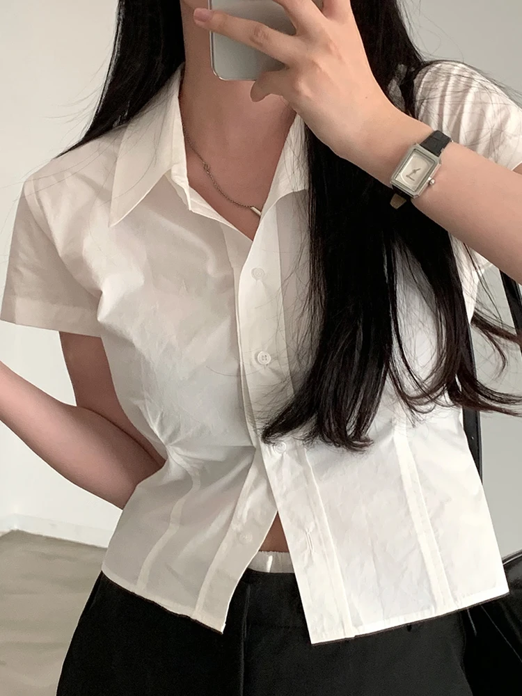 

White ort Sve irt Women's Summer Sle Retro Collar Slim Fit Blue irt Fre Agel High End Feeling Top