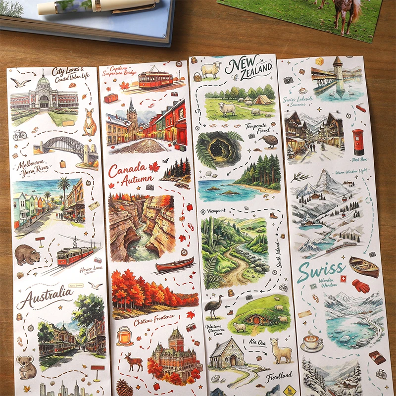 4 Volumes - Large Scale Watercolor Hand Drawn Exotic Travel Patterns, Decorative Materials, and Paper Tape